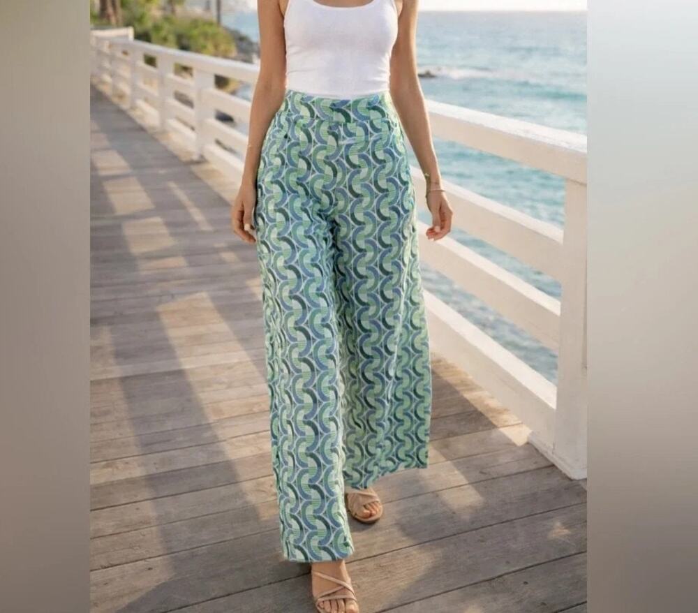 ZARA Printed Wide Leg Pant Green Blue Geometric High Waist Stretch MEDIUM